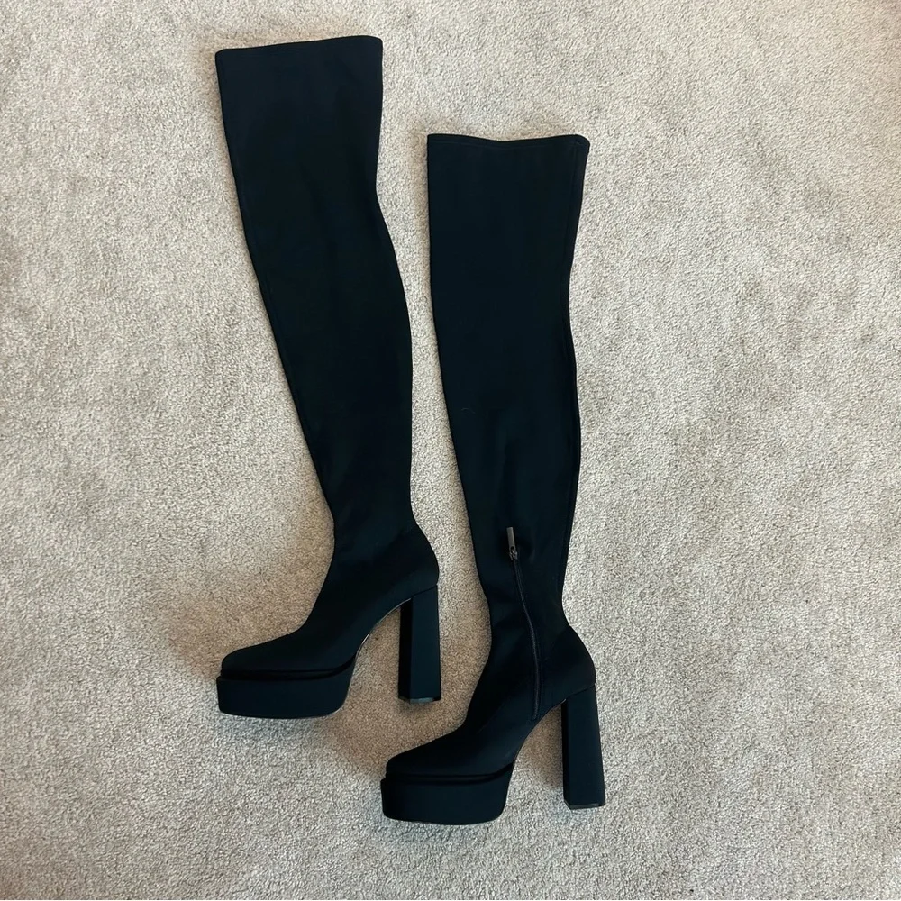 Zara black chunky heel platform fabric over the knee thigh high boots Sz 40 NWOT